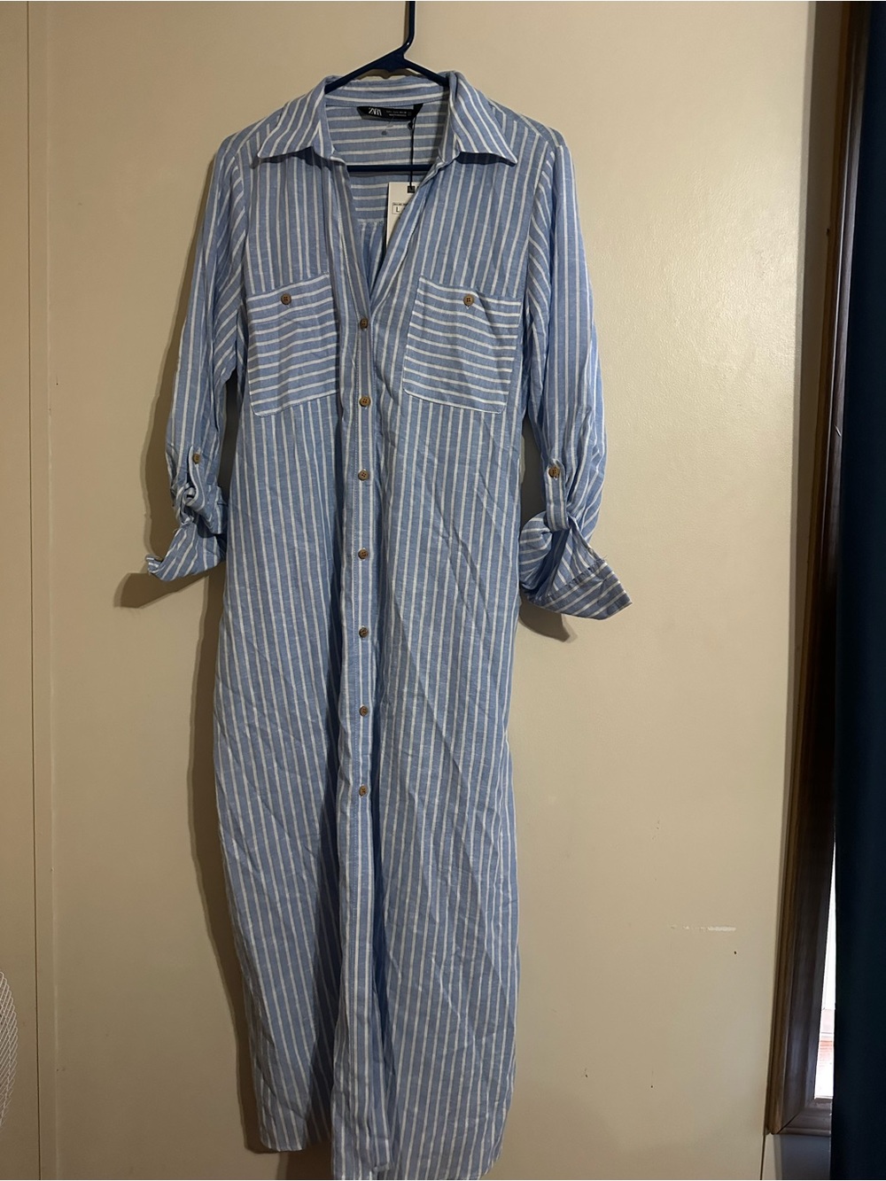 Zara Blue and White Striped Midi Shirt Dress